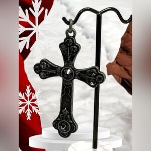 Rustic Renaissance Style Metal Cross Pendant With Dark Stone - Costume Jewelry